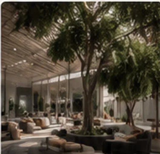 Espaço de convivência com árvores e luz natural